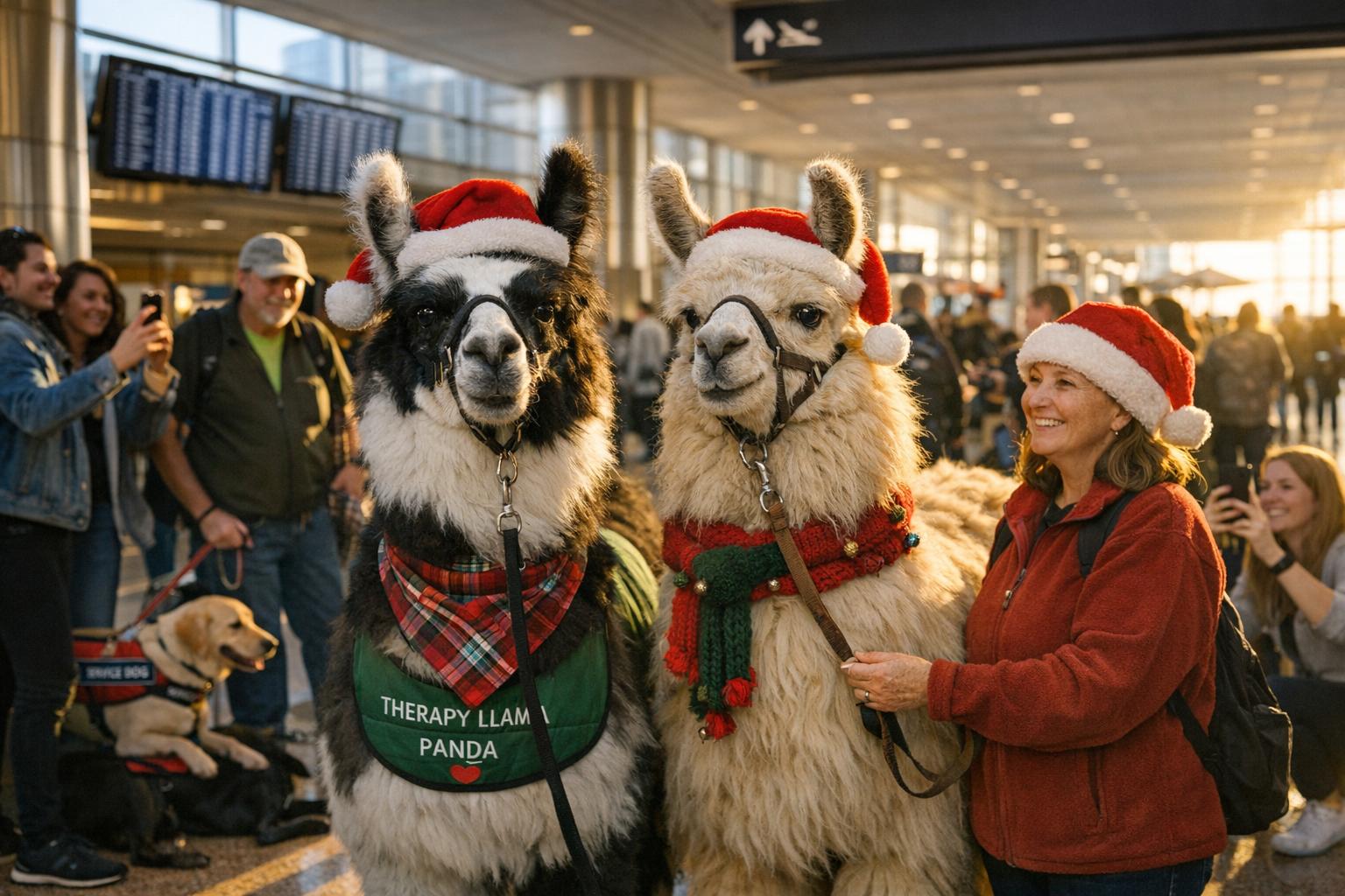 Two holiday-attired therapy llamas, Panda and Beni, standing in a busy airport concourse with travelers taking photos