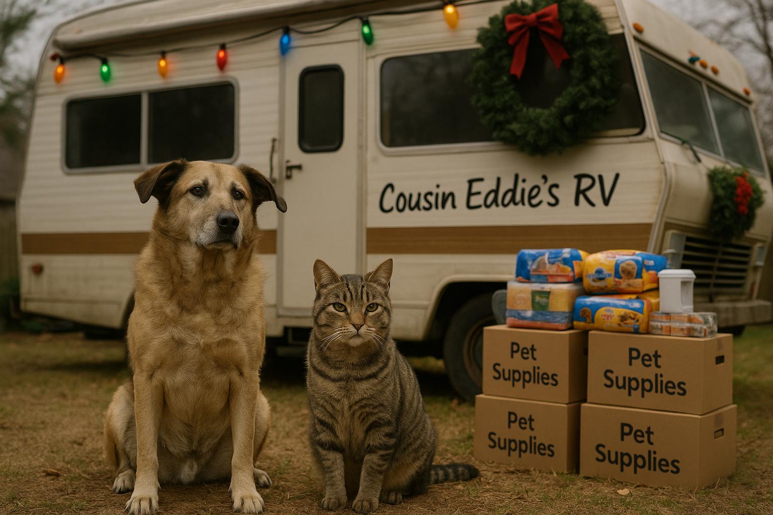 A mixed-breed dog and a tabby cat sit beside 'Cousin Eddie's RV' with stacked boxes of donated pet supplies in a suburban backyard.