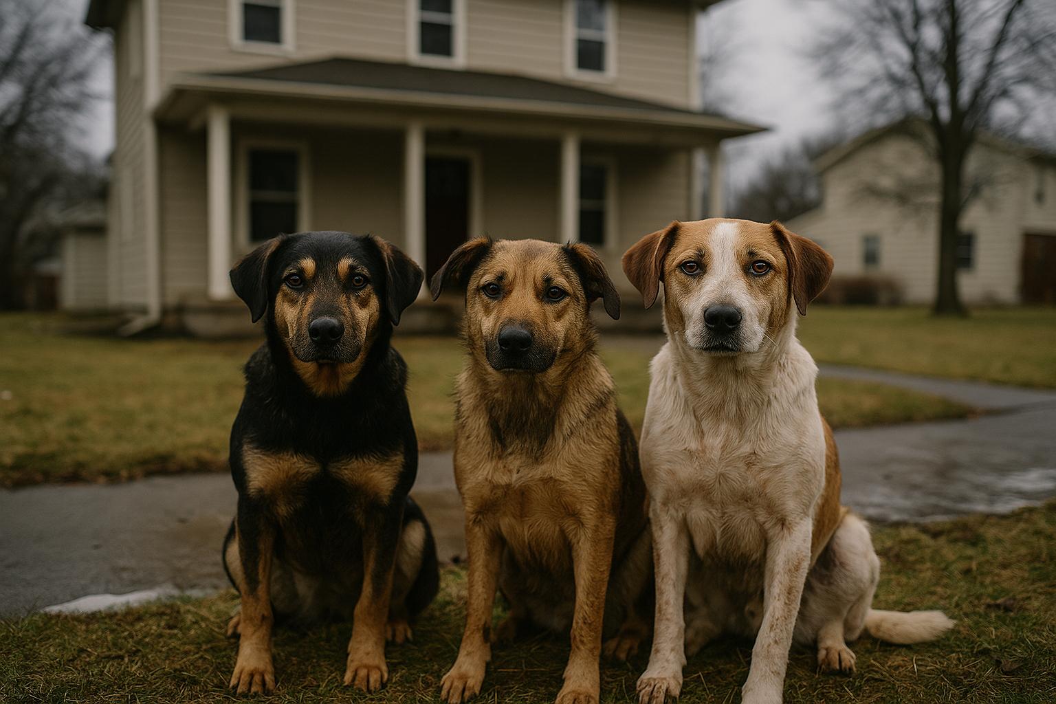 Three mixed-breed dogs on the front lawn of a two-story wood-frame house with icy driveway in the background after being rescued from a fire
