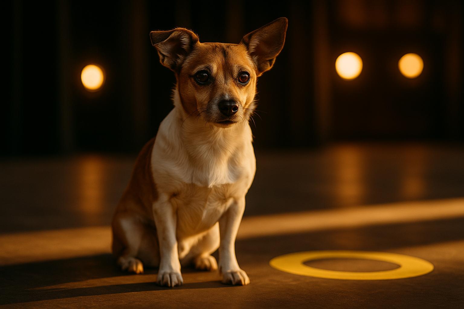 Poco, a Jack Russell Terrier and Chihuahua mix, sitting on stage near a yellow circle target at Gateway Theatre