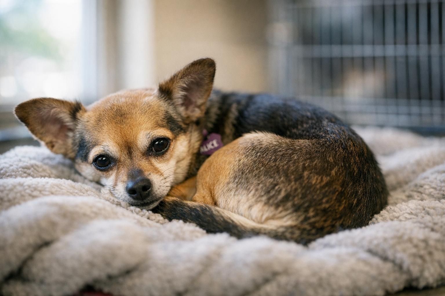 Alice, a small Chihuahua mix, curled on a blanket in a shelter room