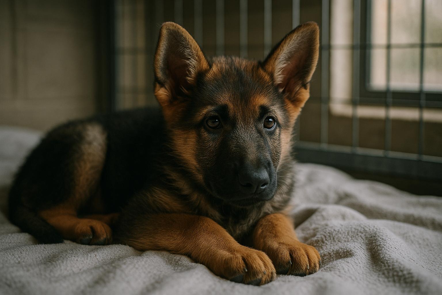 German Shepherd puppy resting on a blanket in a rehabilitation kennel at Wolves of Wiltshire, calm and relaxed.