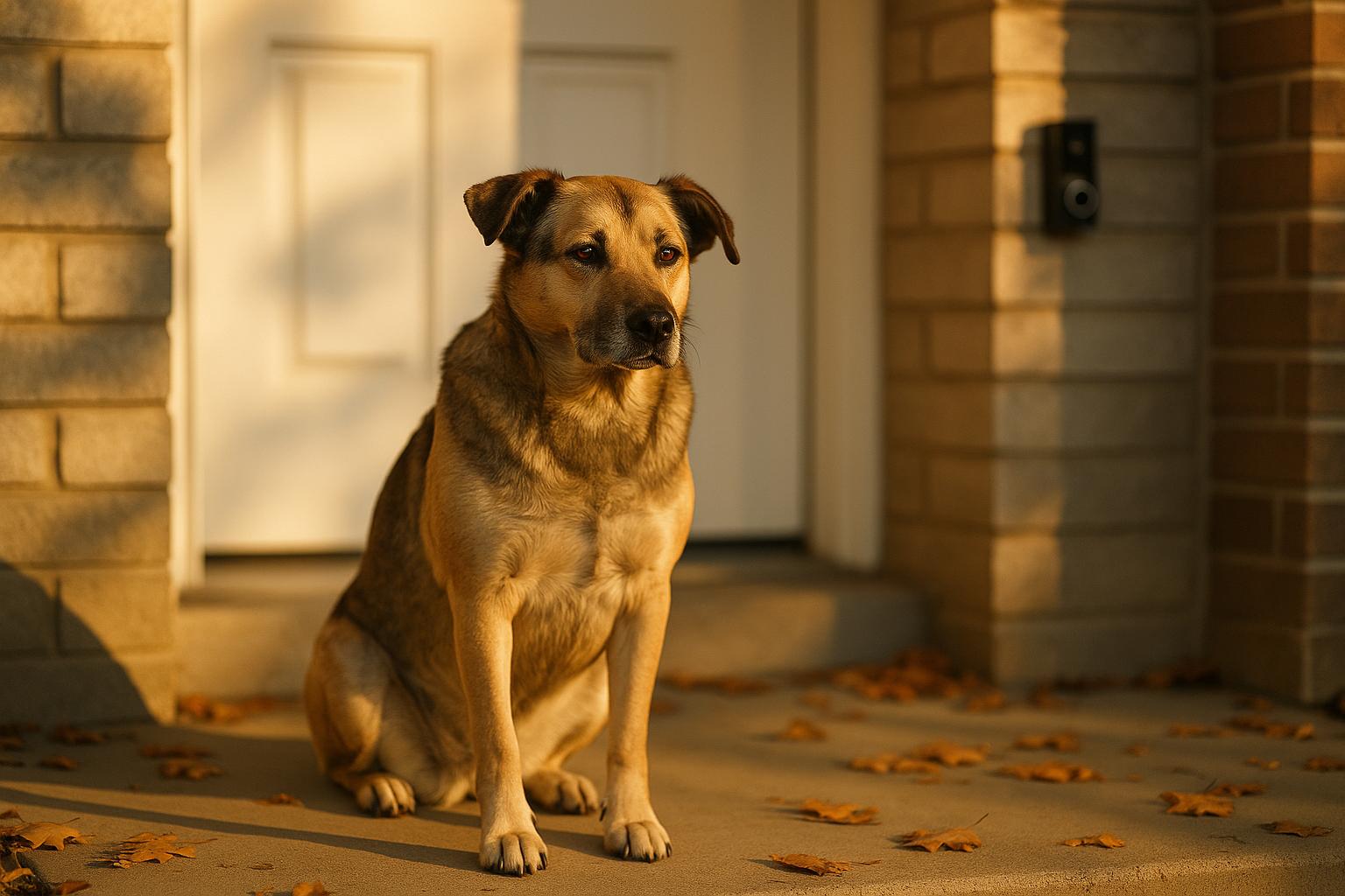 A medium-sized mixed-breed dog sitting on a suburban front porch near a white door with a doorbell camera visible, golden hour light