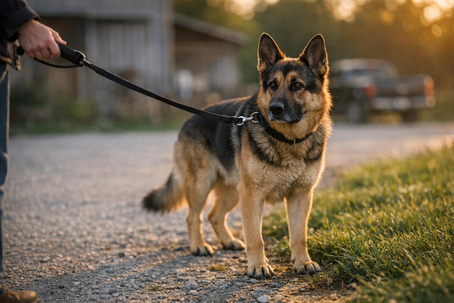 A single leashed German Shepherd-type dog standing on a gravel driveway in late afternoon light, leash held by an off-frame handler.