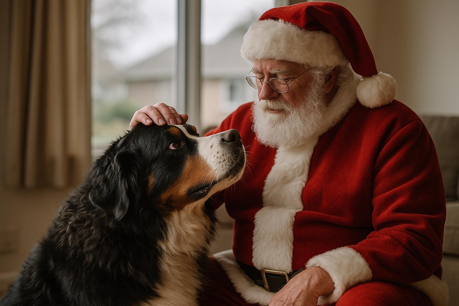 Large Bernese Mountain Dog leaning against Santa in a living room, Santa petting the dog