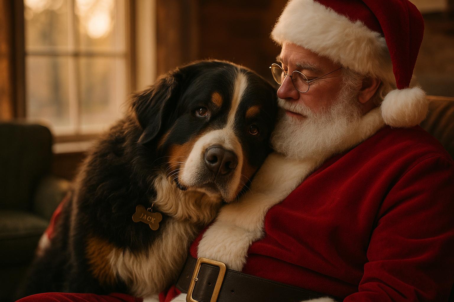 A Bernese mountain dog leaning against a man dressed as Santa Claus, captured in a warm, candid portrait.