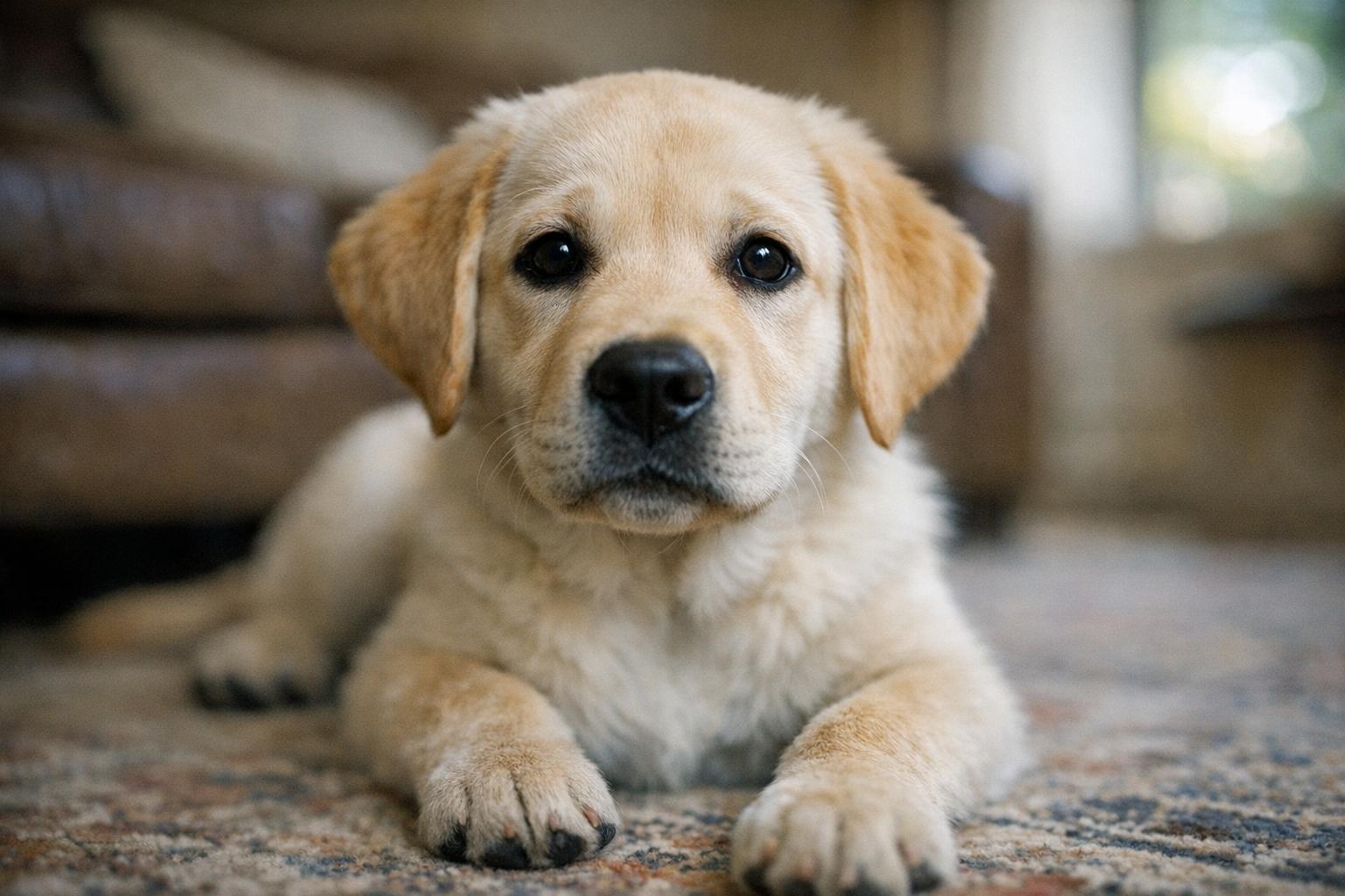 Maisy the Labrador retriever sitting on a living room rug, looking at the camera, indoor natural light