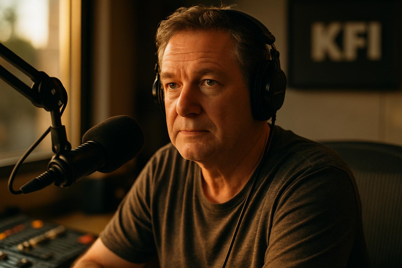 Portrait of Tim Conway Jr. in a radio studio at a mixing console with a microphone
