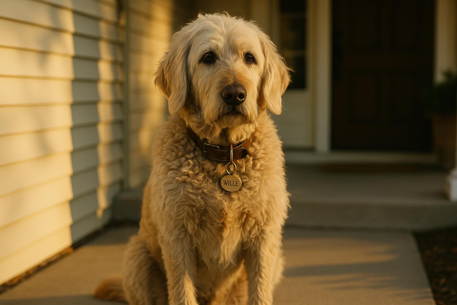 Willie the 9-year-old Goldendoodle sitting on a front porch in Mequon, Wisconsin, in golden hour light