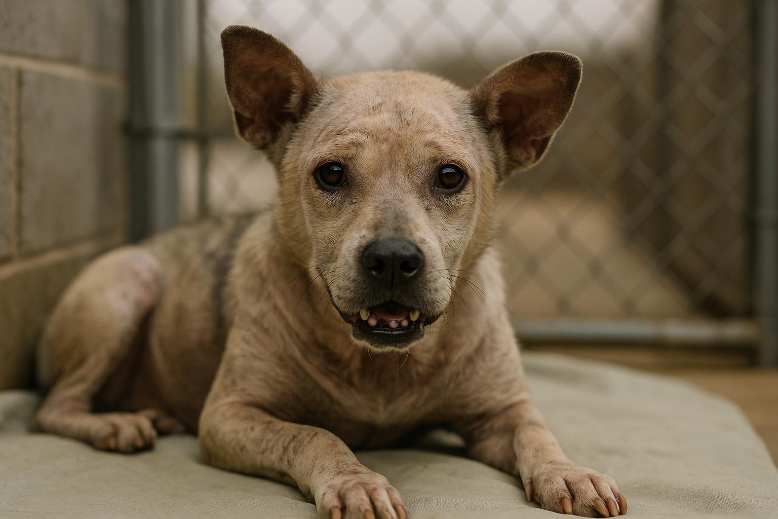 Tinkerbell, a skittish adult dog with patchy fur and missing teeth, resting in a shelter kennel under soft diffused light.