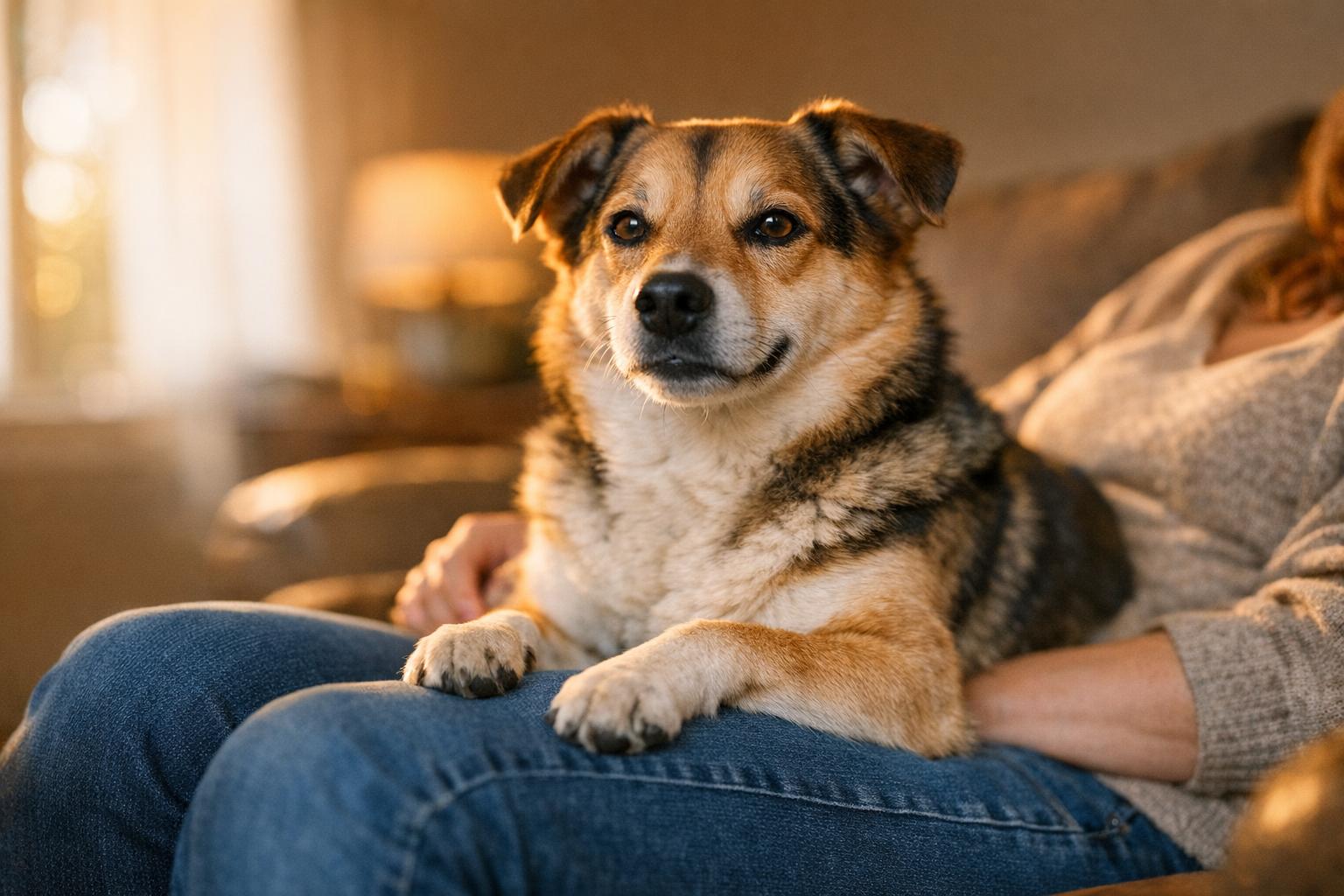 Medium-sized mixed-breed dog sitting calmly on a person's lap in a sunlit living room