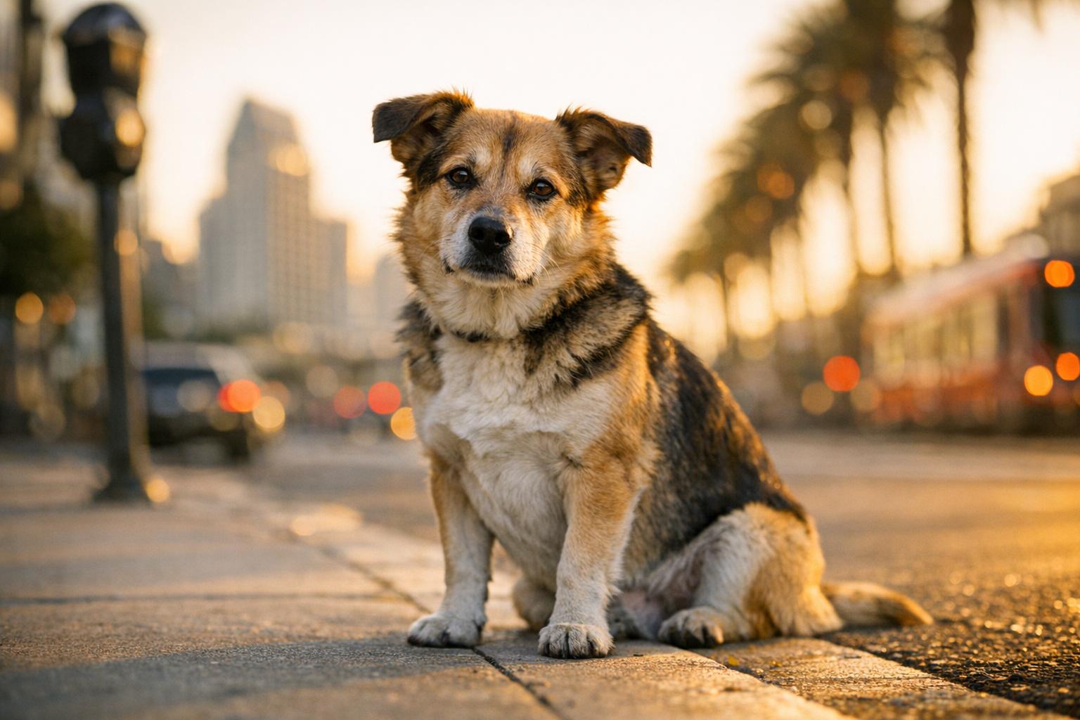 Diego, a medium-sized mixed-breed rescue dog, sitting calmly on a San Diego sidewalk at golden hour.