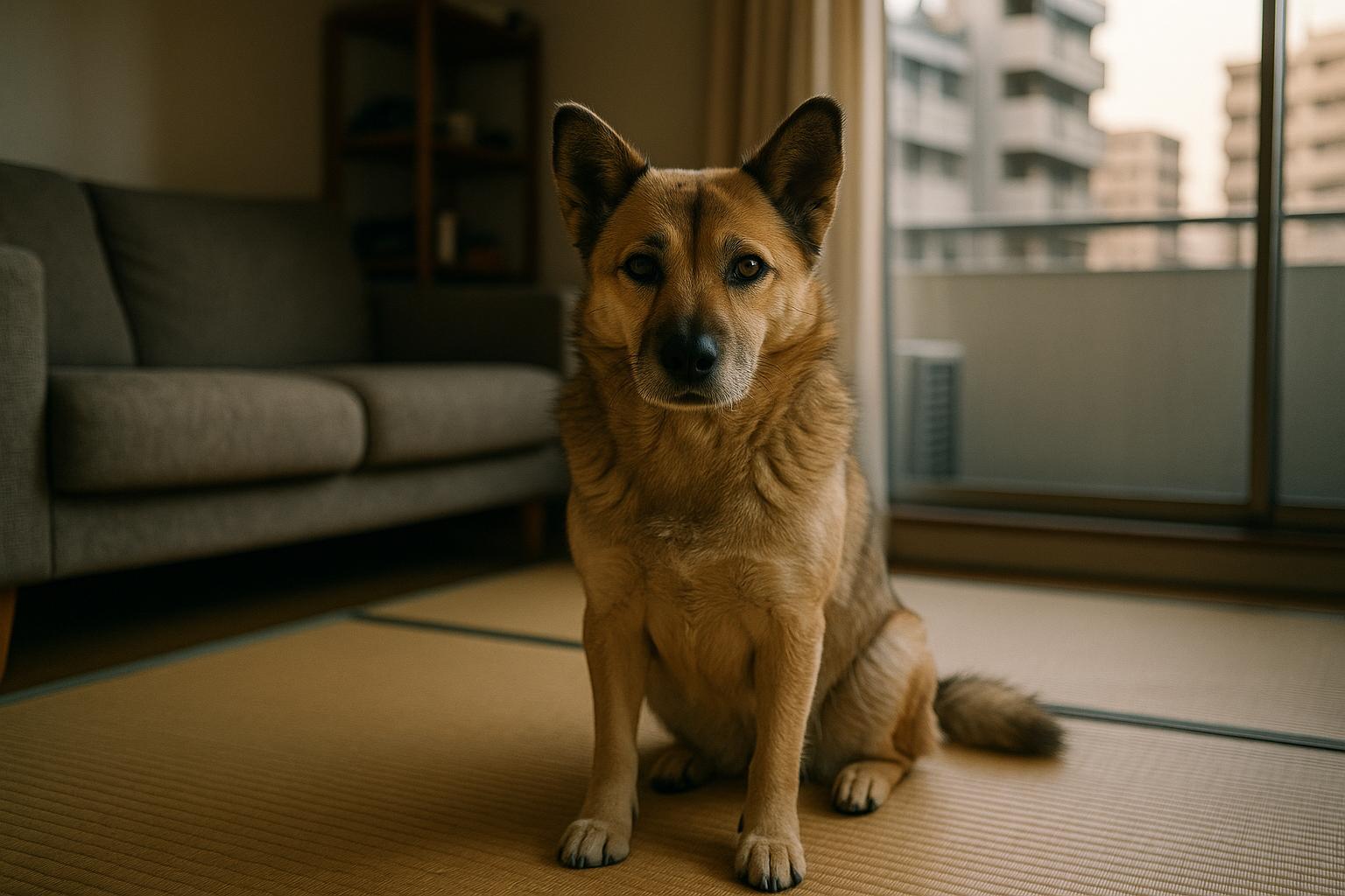 A medium-sized mixed-breed family dog sitting on a tatami mat in a Tokyo apartment, soft window light