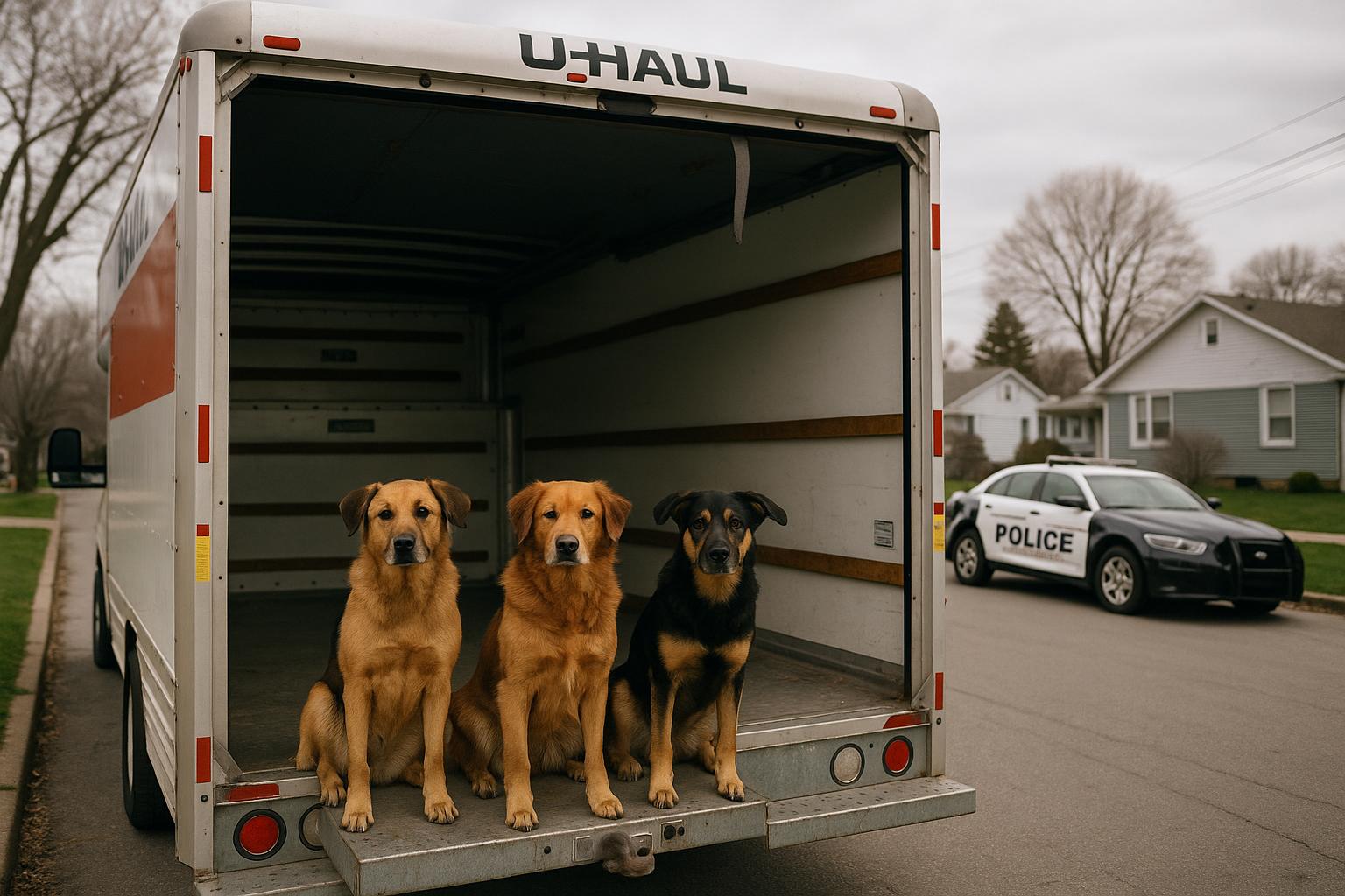 Three medium-sized mixed-breed dogs in the back of a U-Haul on a suburban street after a police chase
