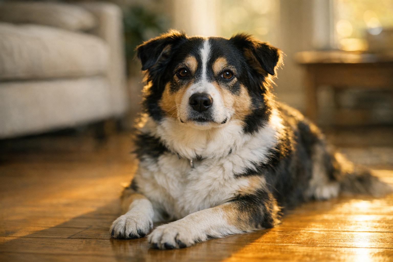 An adult dog sitting calmly in a sunlit living room, representing a cloned pet