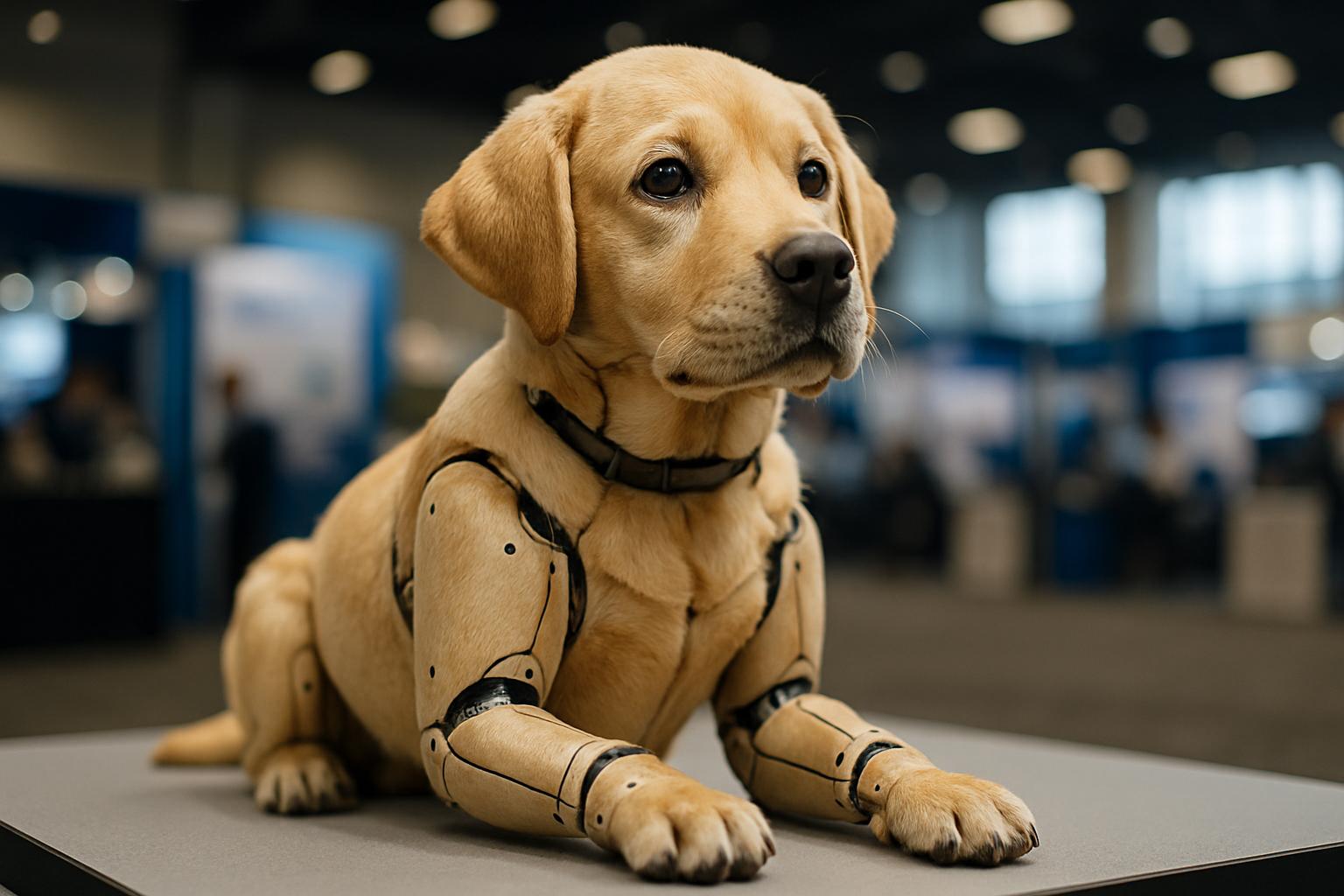 Hyper-realistic robotic Labrador retriever puppy on an exhibition table at CES, detailed fur texture and lifelike pose