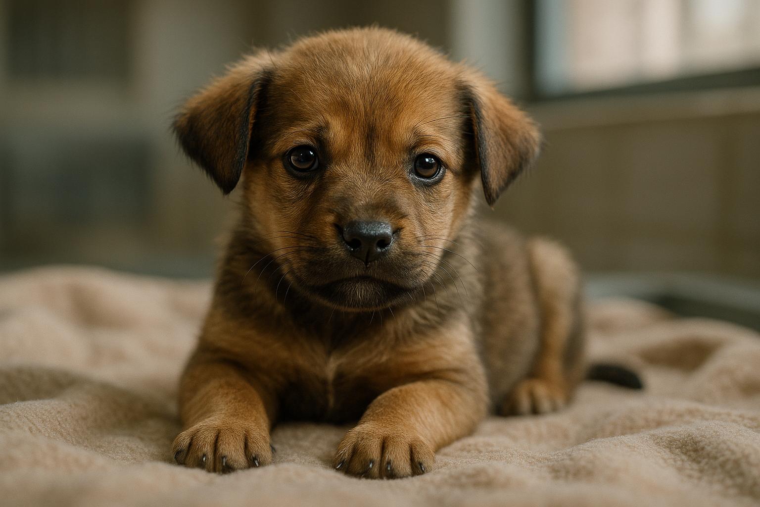 One-month-old puppy Tommy resting on a blanket in a shelter recovery room, calm and alert.