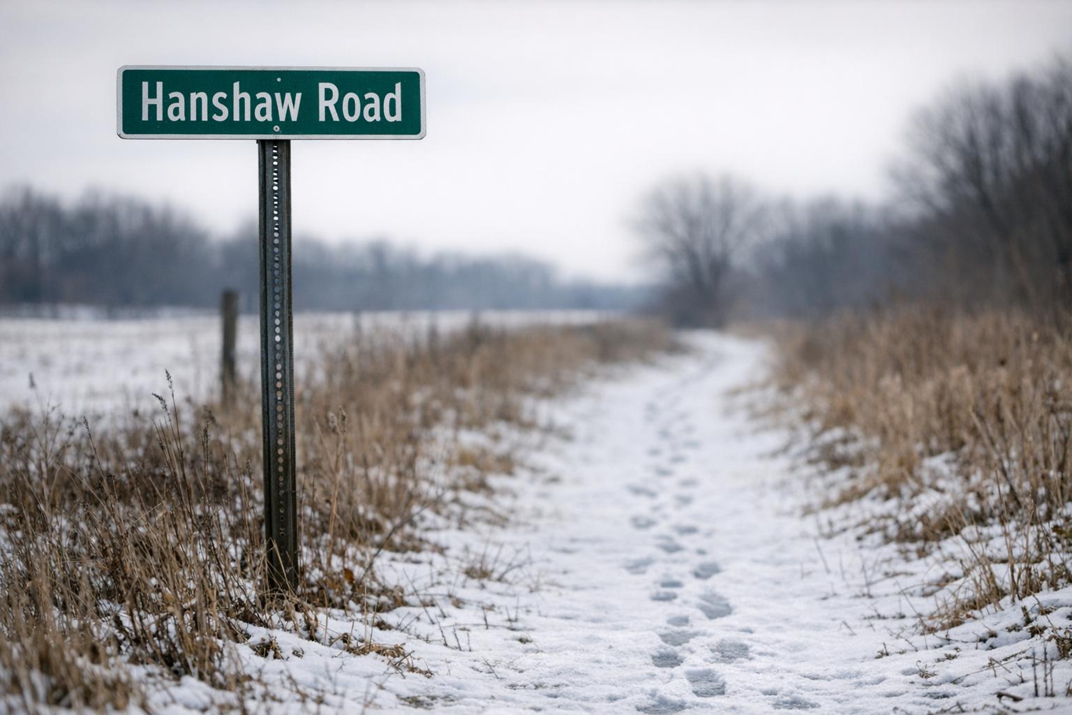 Empty trail and a roadside sign for Hanshaw Road under overcast sky, documentary-style photograph