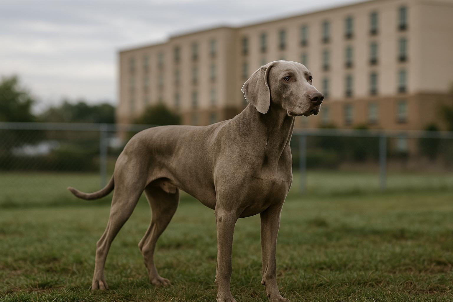 A Wiemaraner standing in a fenced grassy area behind a hotel, photographed in soft morning light