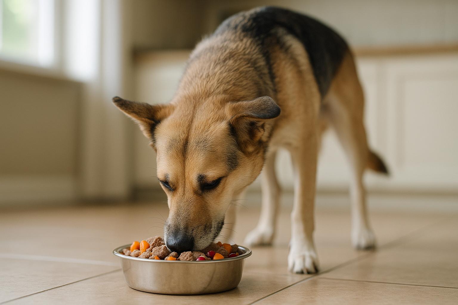 Mixed-breed dog eating fresh pet food from a bowl in a kitchen, natural window light