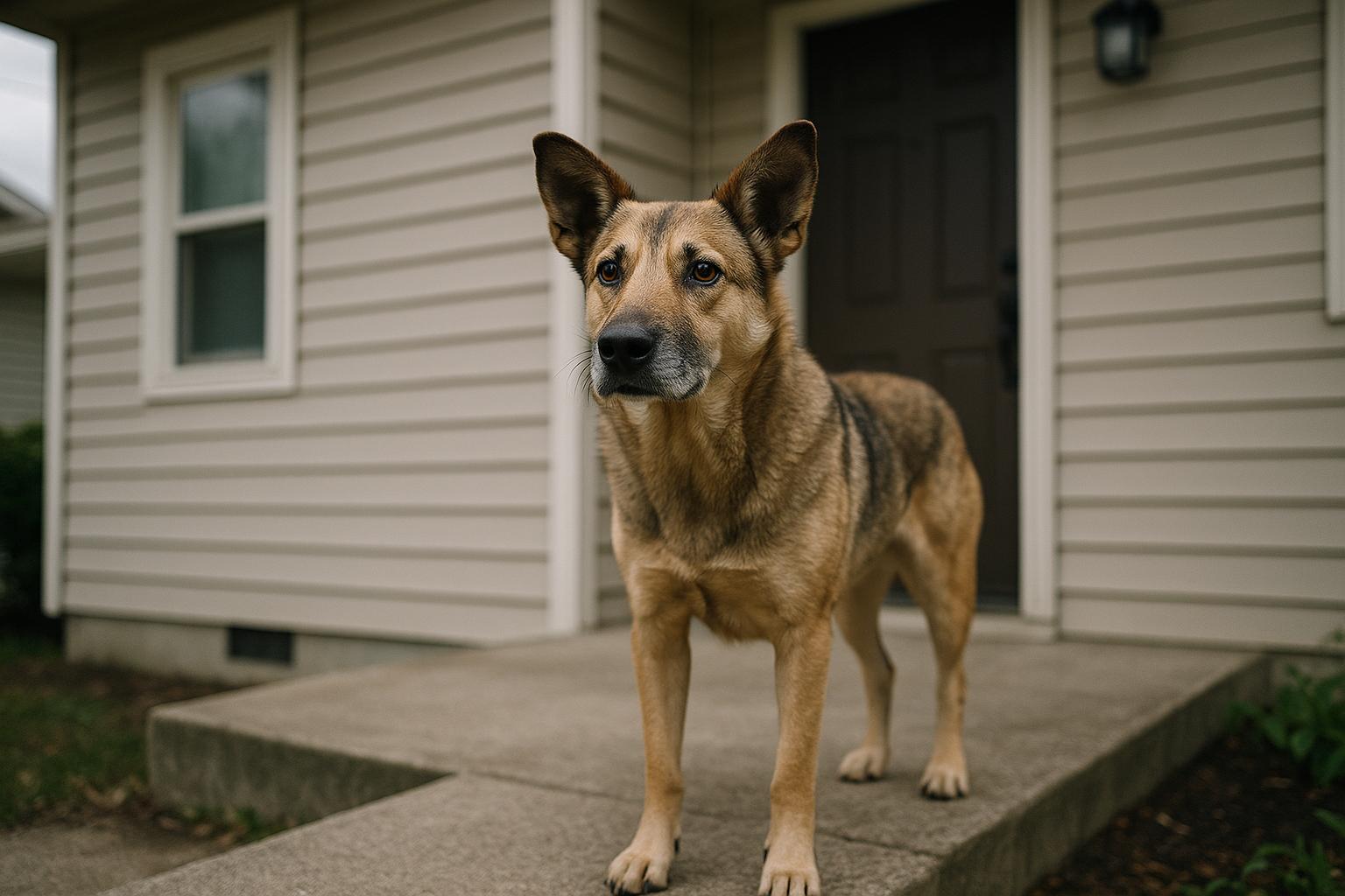 A mixed-breed domestic dog standing on a suburban front porch beside a modest house, soft overcast light, documentary-style photograph