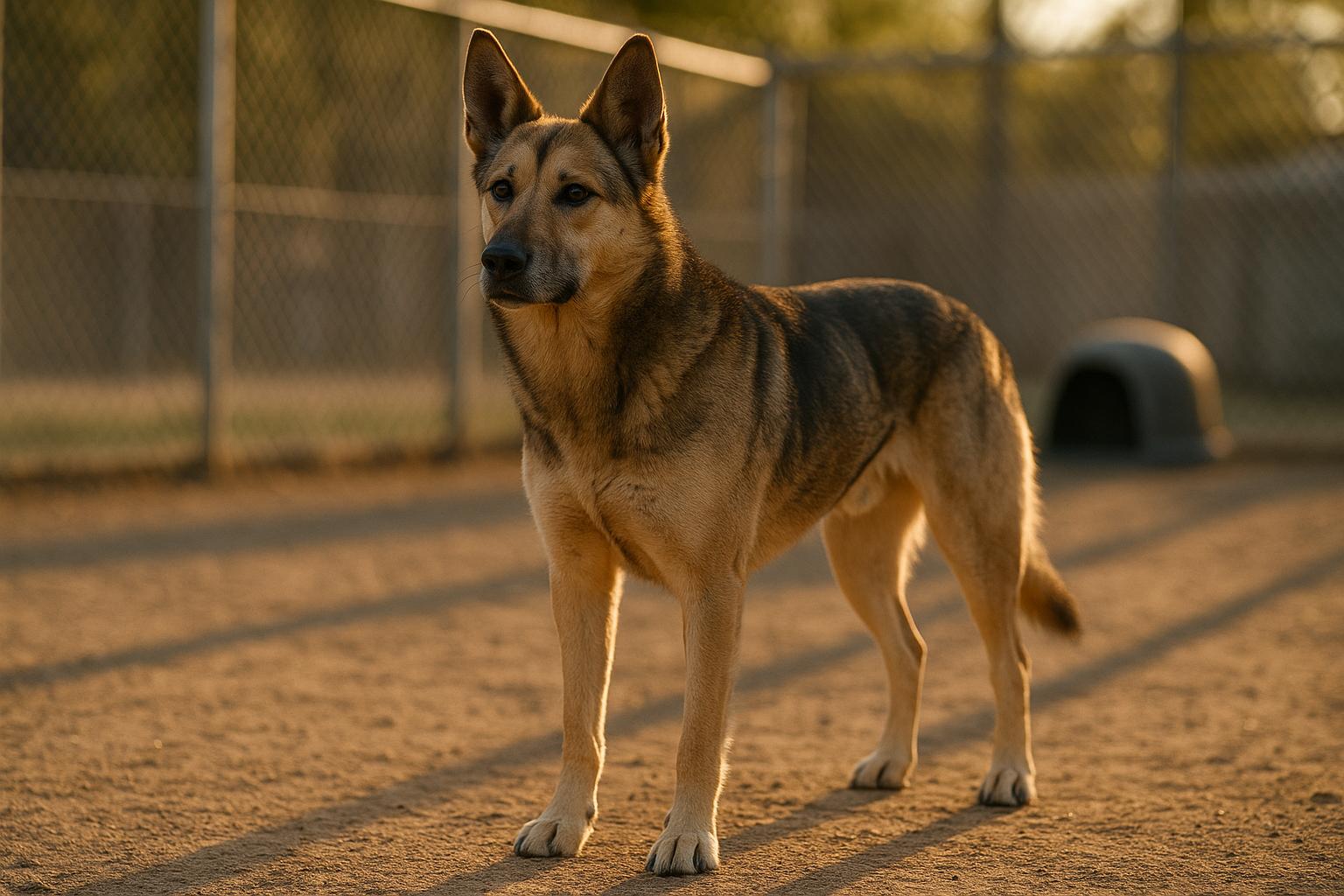 Tracks, a 64-pound Alaskan Husky and German Shepherd mix, standing in a shelter play yard during golden hour