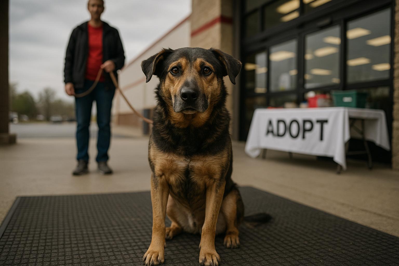 Mixed-breed shelter dog at a Tractor Supply store adoption event, volunteer and adoption table in background.