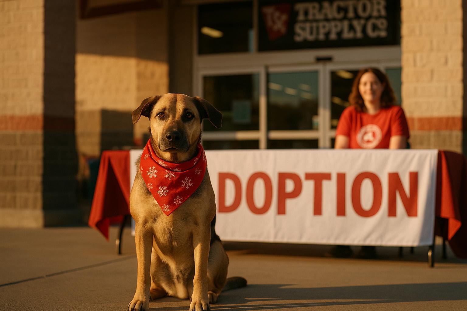Adoptable mixed-breed dog wearing a red holiday bandana at a Tractor Supply adoption table during golden hour