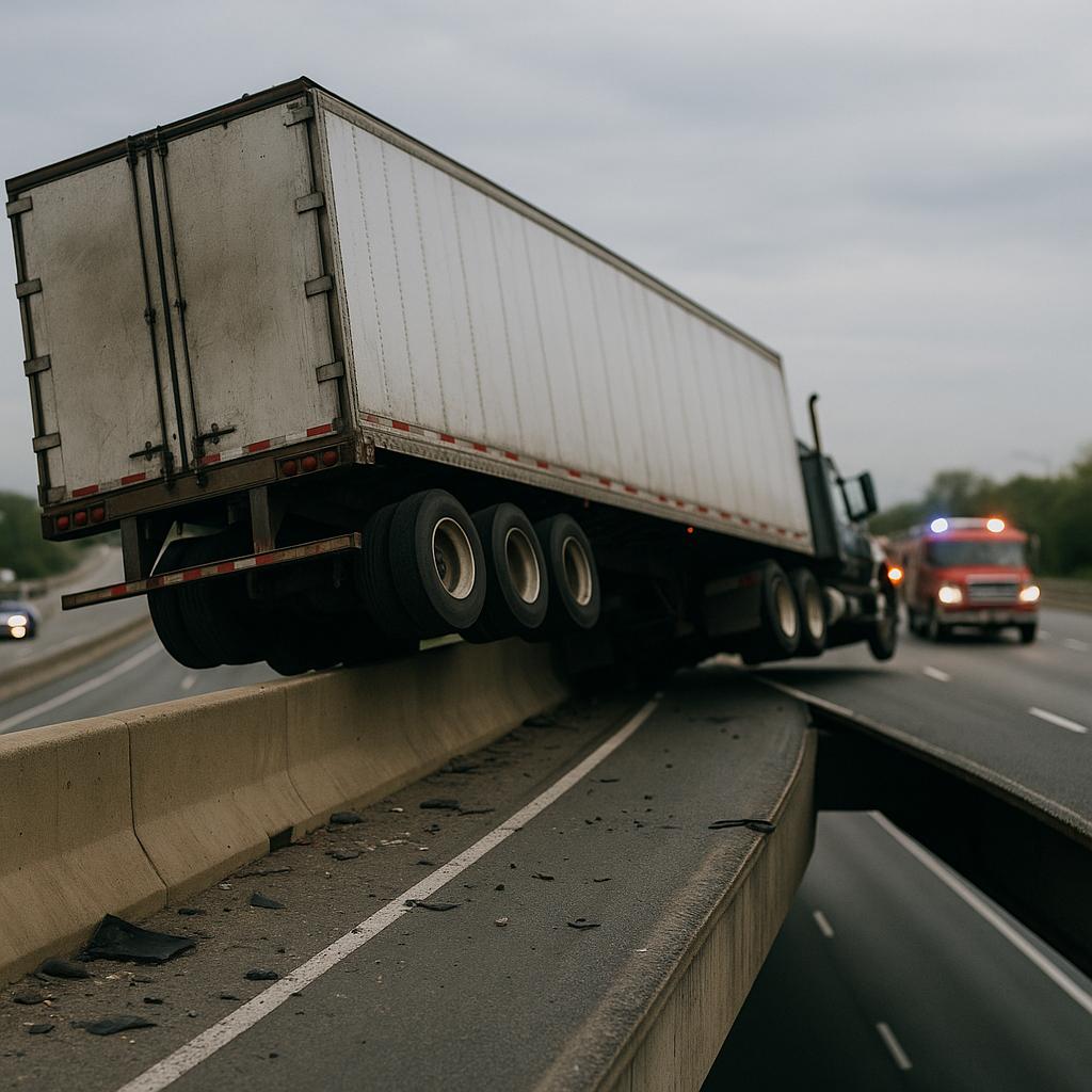Overturned tractor-trailer on a highway ramp with emergency vehicles and debris on the road