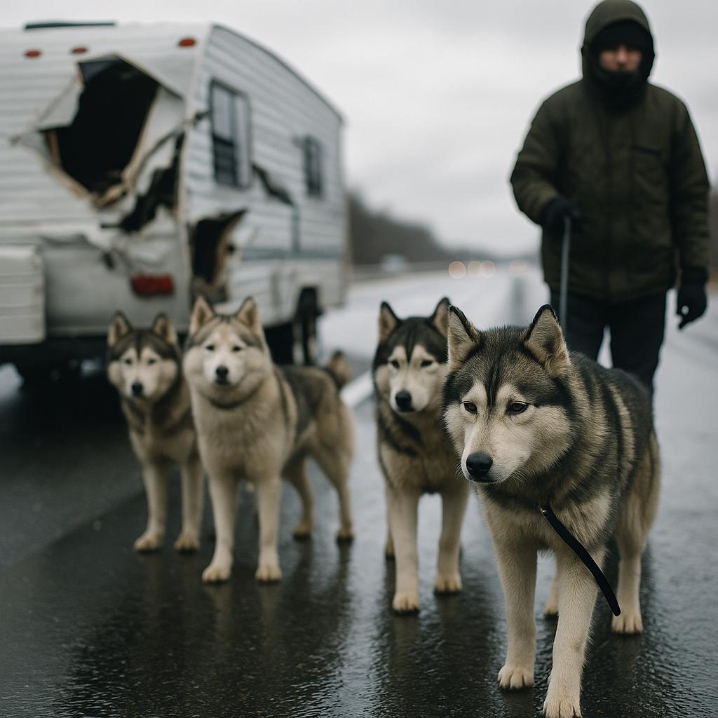 Huskies beside a damaged travel trailer on an interstate shoulder with responders nearby