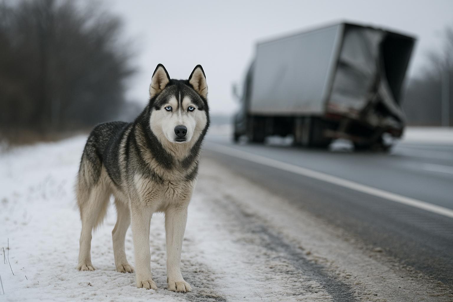 A Siberian Husky standing on a snowy interstate shoulder with a damaged trailer blurred in the background