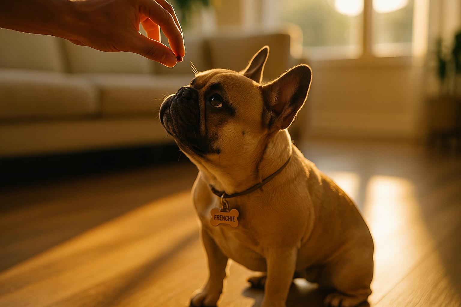 Small dog named Frenchie about to sit in a living room during a training session, a hand holds a small treat above its nose.