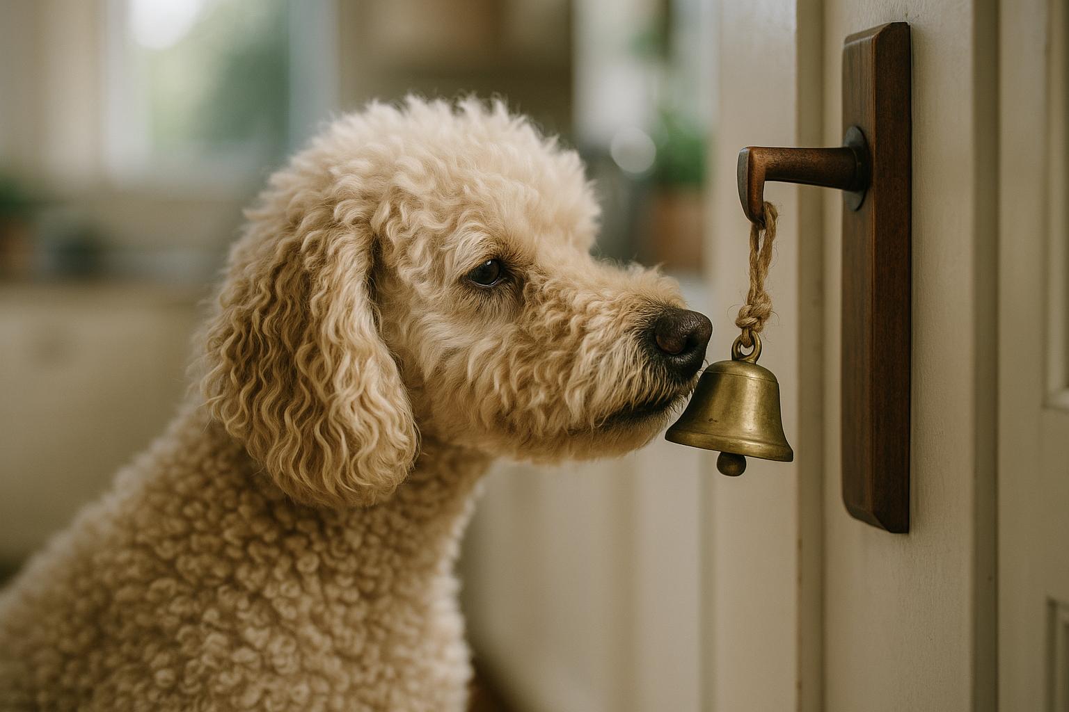 Miniature Poodle nudging a bell tied to a door handle in a kitchen, signaling it needs to go outside