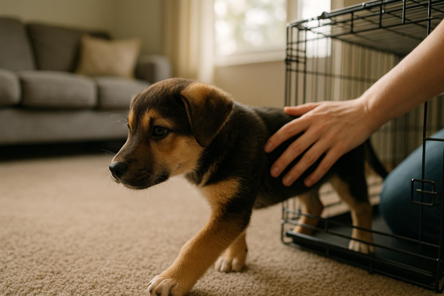 Mixed-breed puppy being gently guided into a crate during training in a foster home living room