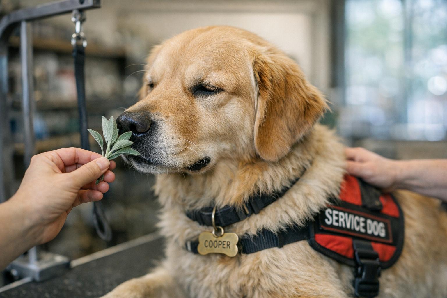 Service dog Cooper on a grooming table being gently handled by a trainer in a bright training clinic, sniffing sage.