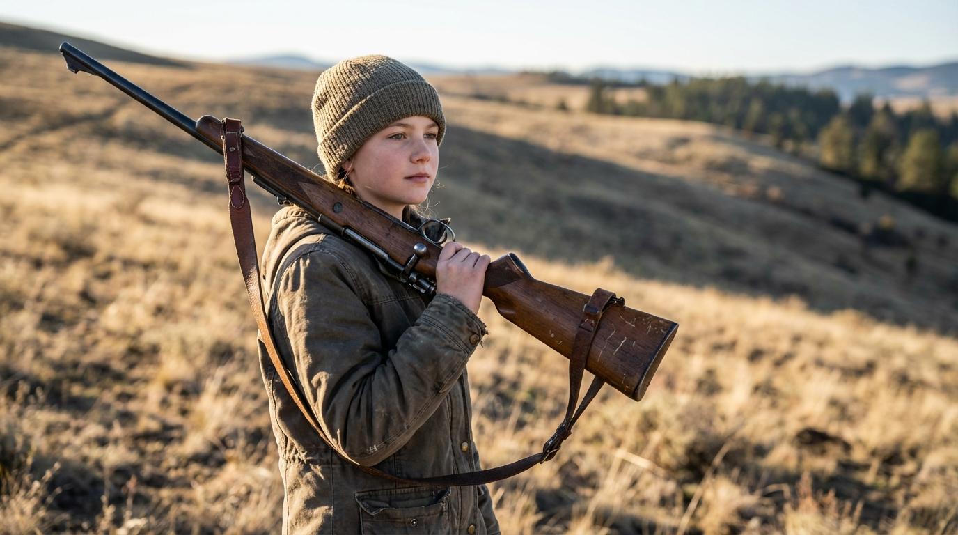 Twelve-year-old hunter standing on a windswept hillside at golden hour, holding a rifle and looking toward the valley