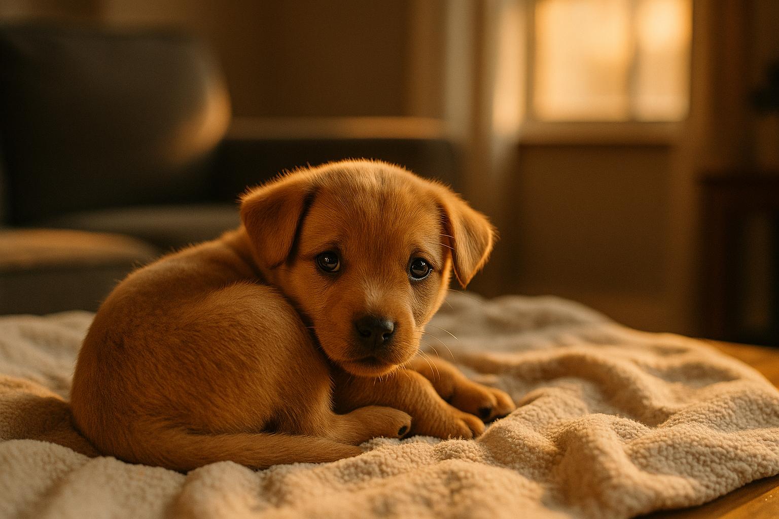 Tucker Grace, a 7-week-old puppy, curled on a blanket in a foster home's living room