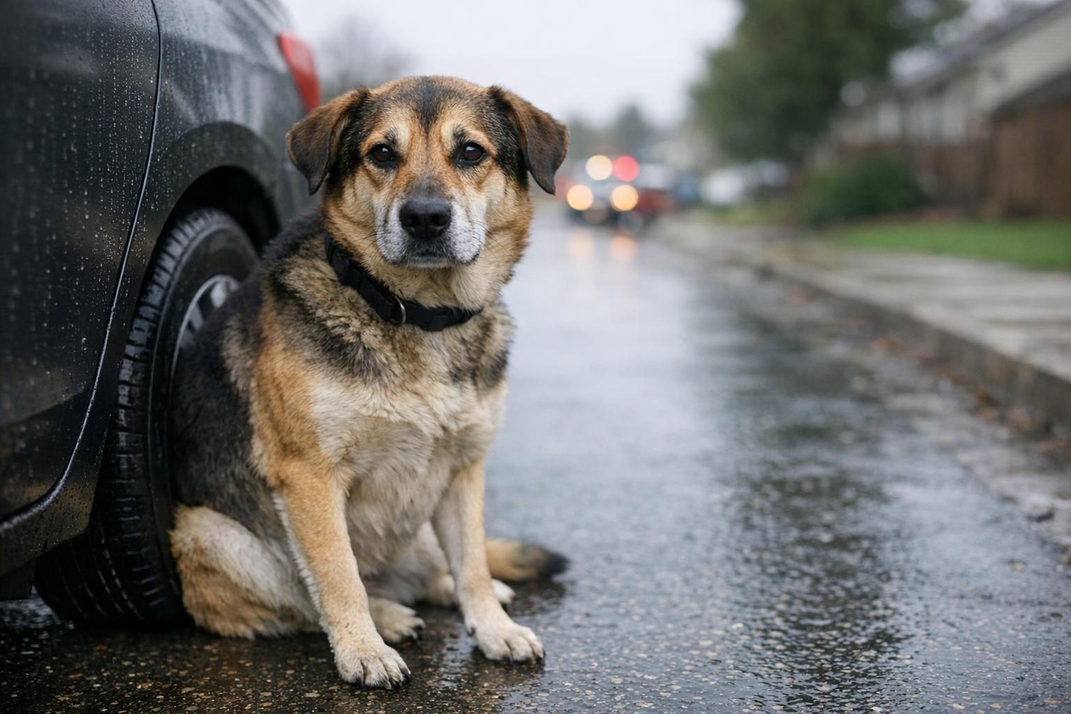 Rescued dog sitting beside a parked car on a wet suburban road after being freed from under a vehicle