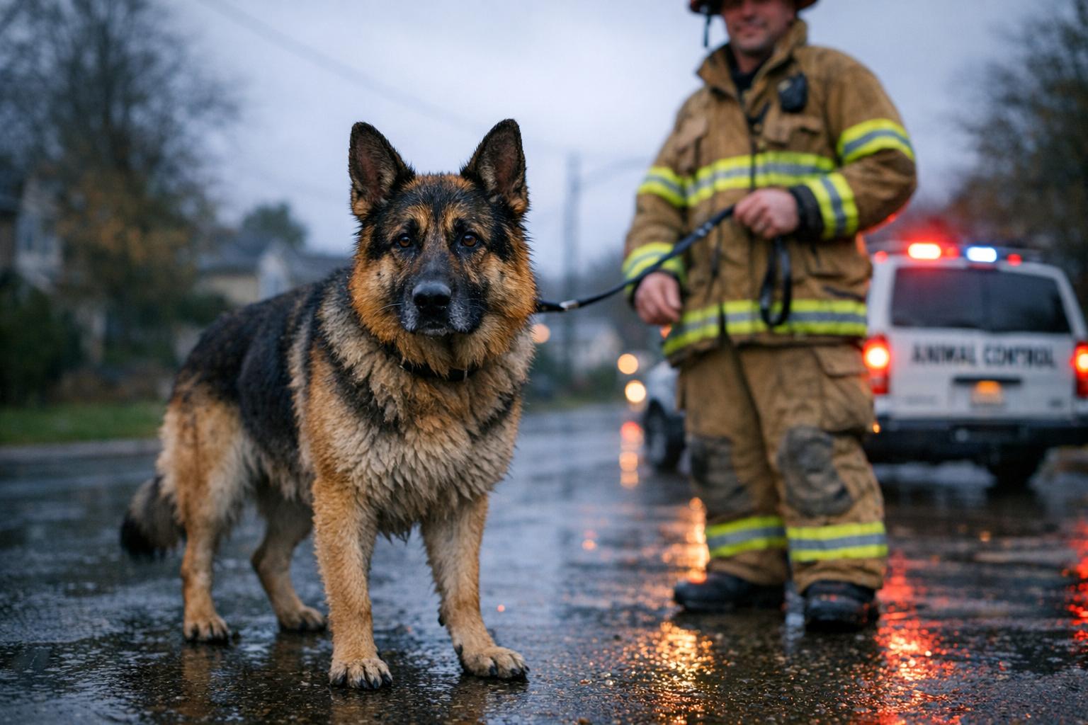 A damp German Shepherd standing beside a Tucson firefighter on a wet roadway after being rescued from under a car