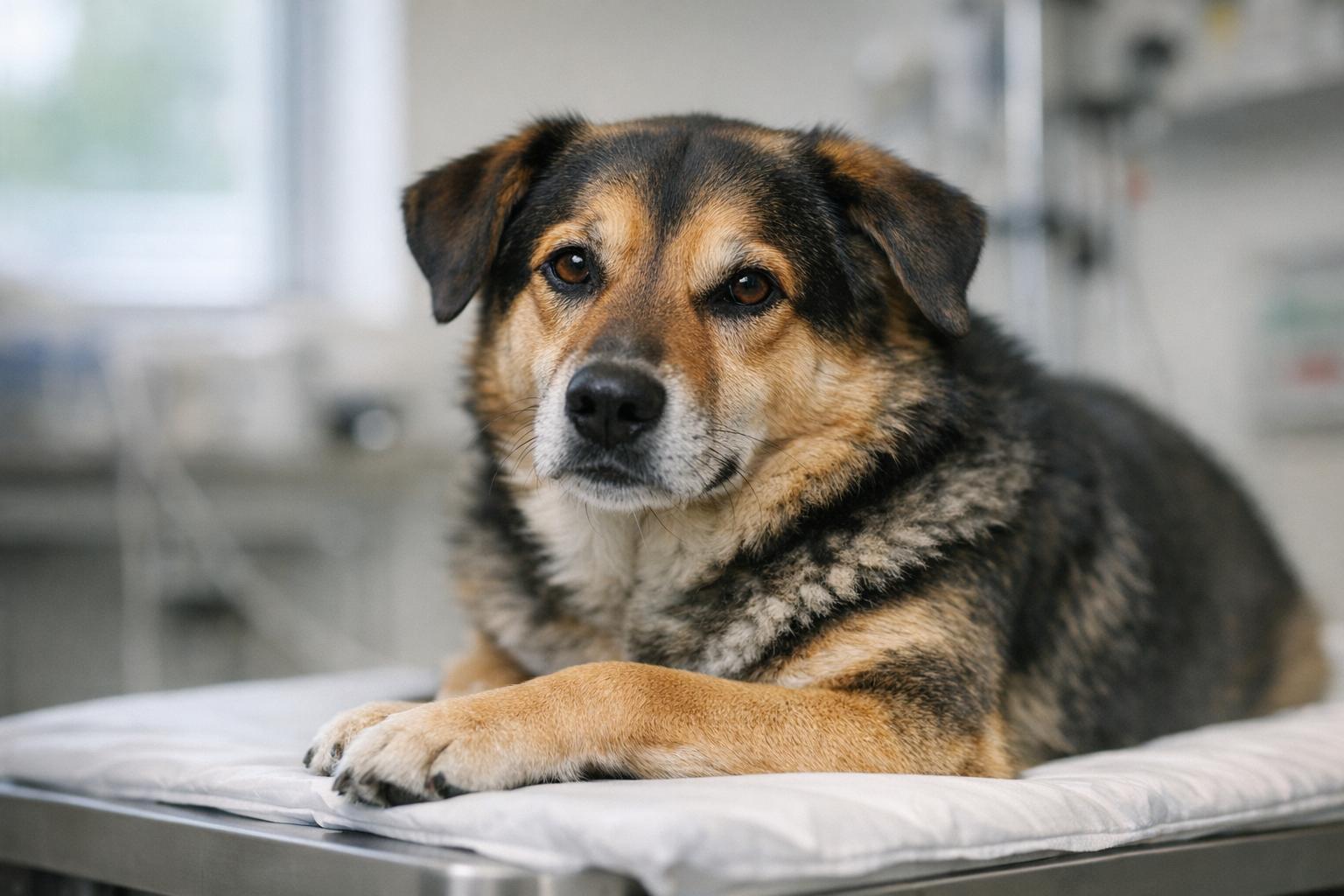 A calm mixed-breed dog resting on a veterinary clinic examination table under soft natural light.