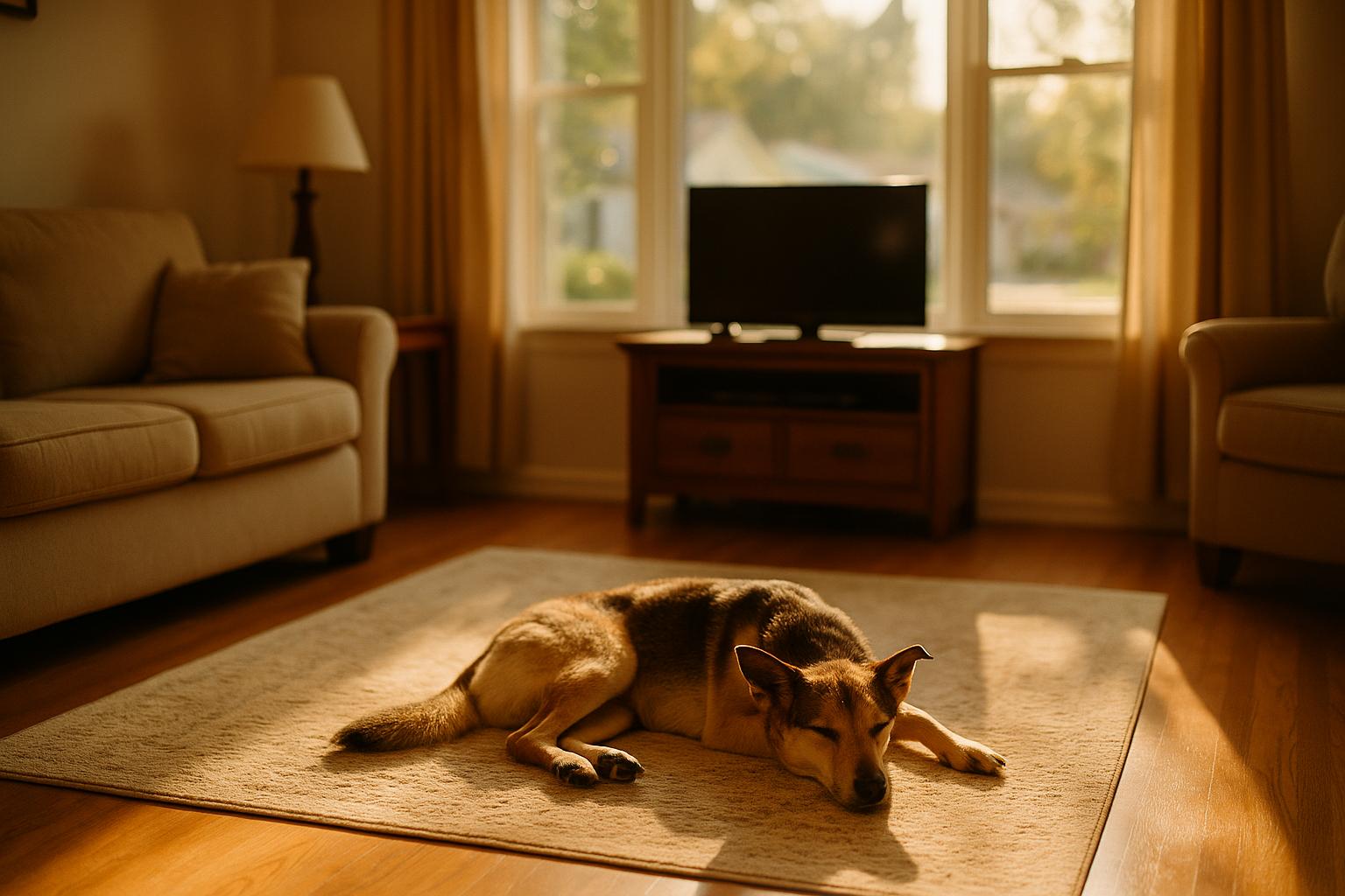A single calm dog lying on a rug in a sunlit suburban living room, mid-morning natural light, documentary-style