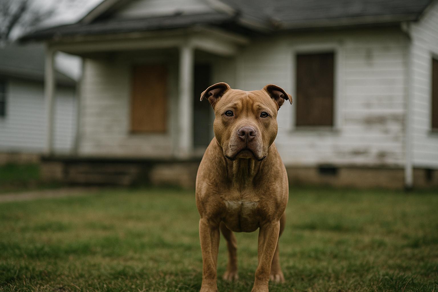 A pitbull standing on the front lawn of a weathered house in soft, overcast light