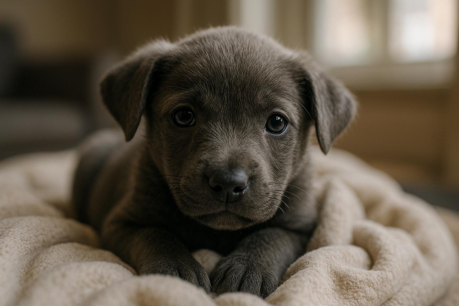 Close-up portrait of Tusche, a small grey puppy, resting on a blanket in a foster home