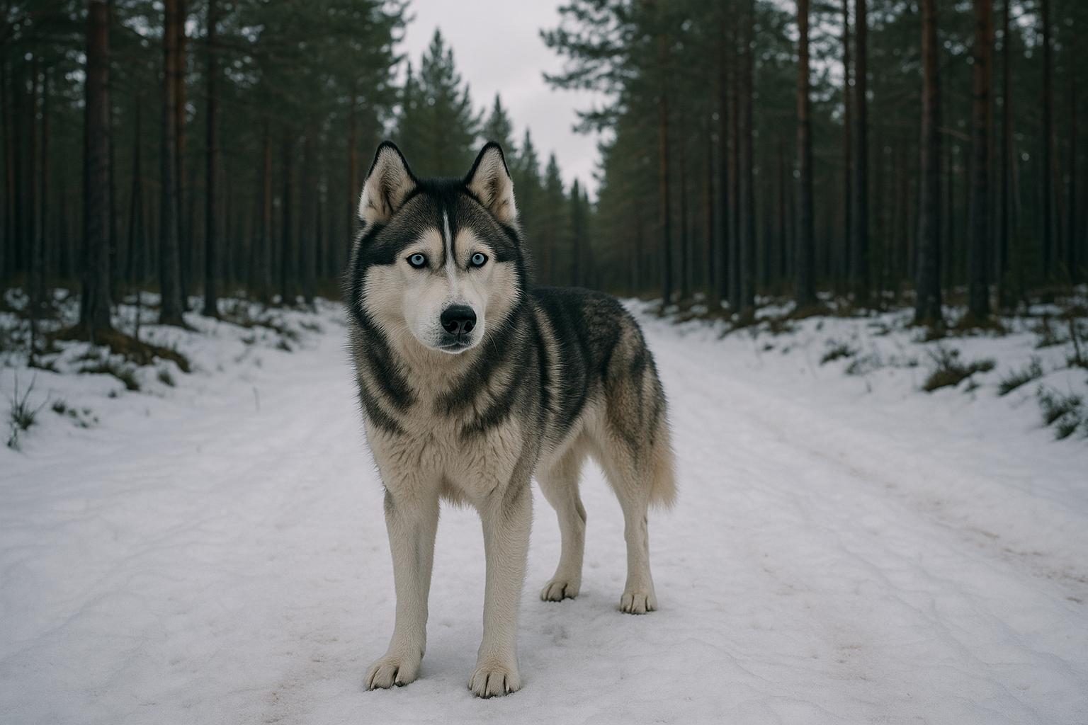 Siberian Husky standing on a snowy forest trail with a thick double coat and blue eyes