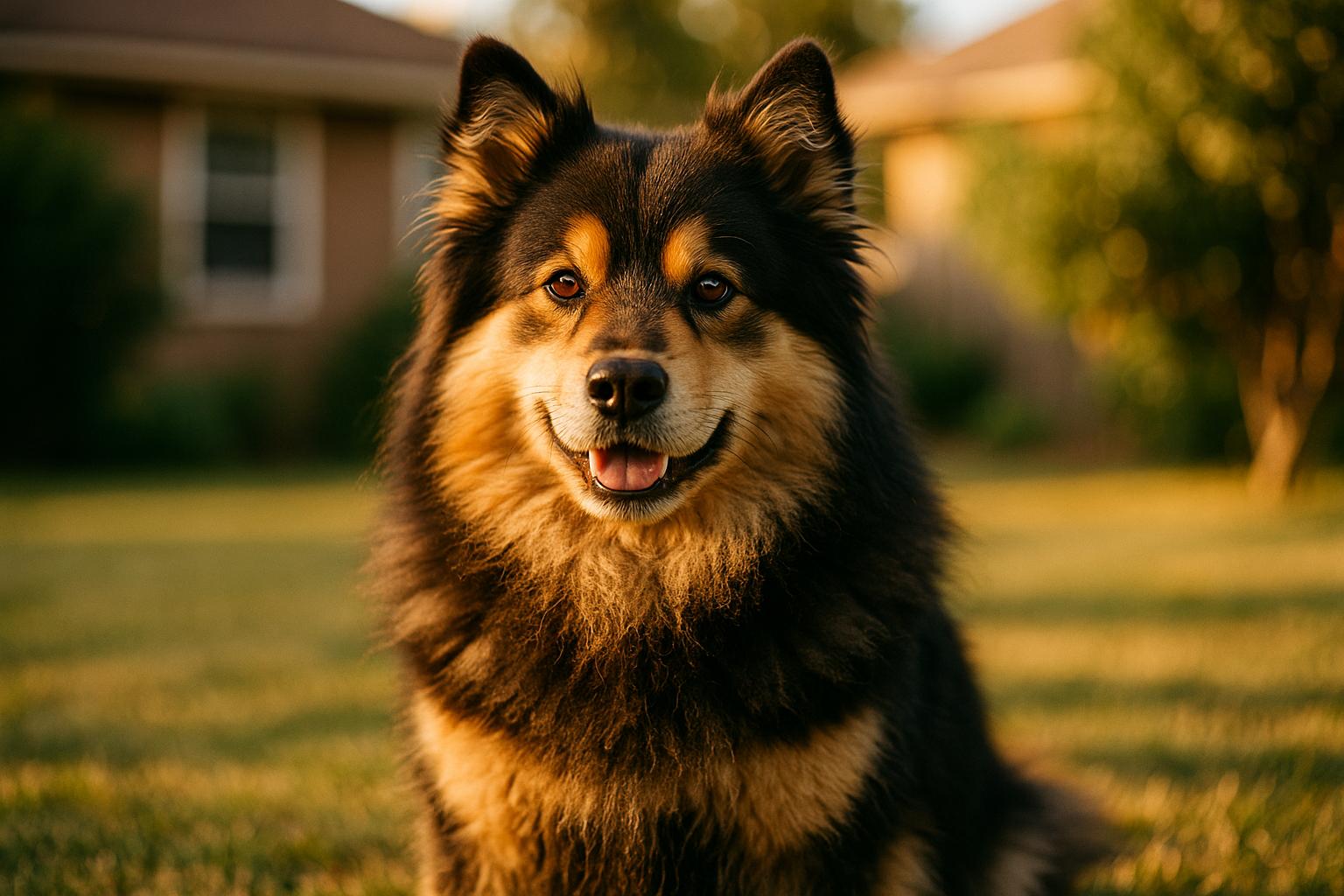 Finnish Lapphund sitting alert in a suburban backyard during golden hour, close-up portrait showing fluffy coat and friendly expression