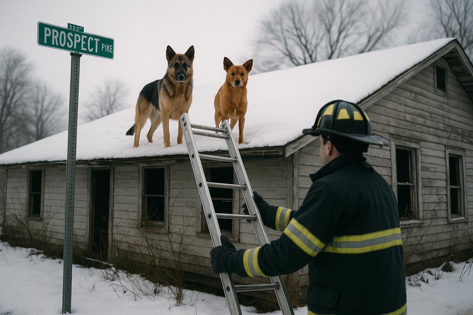 Two dogs on a snowy roof beside a ladder and firefighter at an abandoned home on Prospect Pike