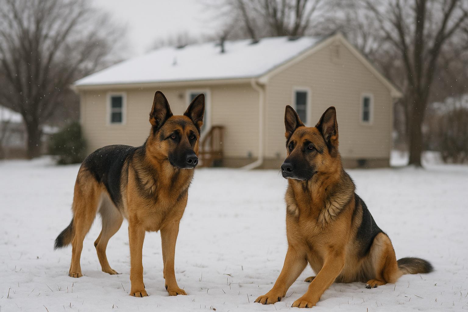 Two German shepherds standing calmly in a snowy Minnesota backyard near a family house