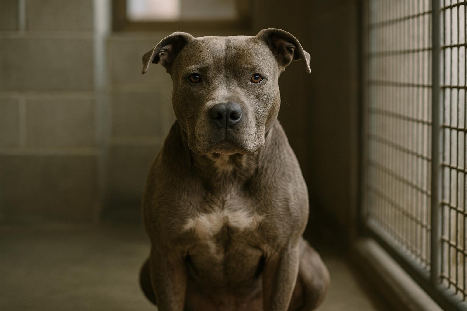 Indigo, a 6-year-old pit bull mix, sitting in a shelter kennel under natural window light