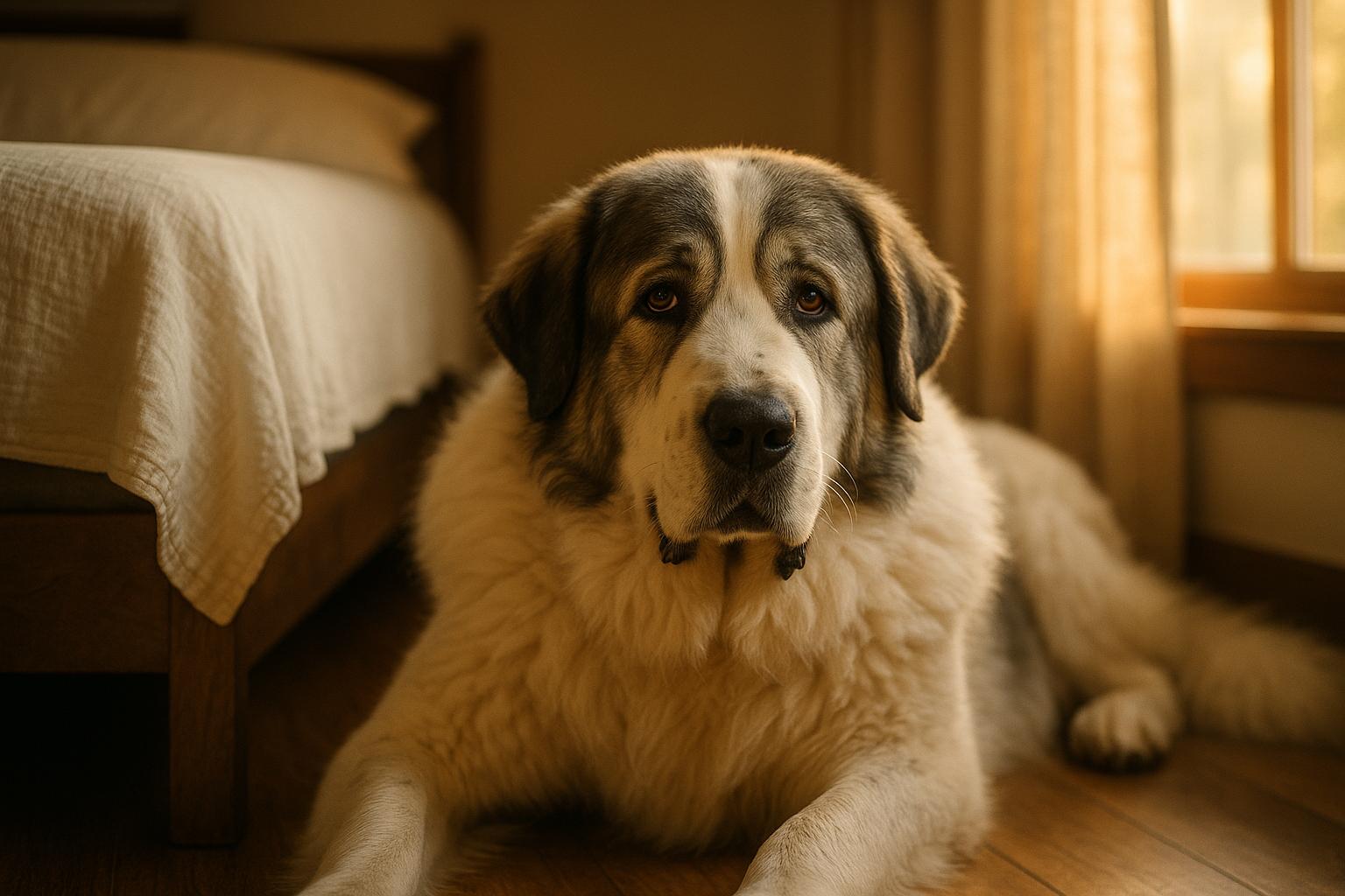 Pyrenean Mastiff named Nikolai resting beside a farmhouse bed, soft light on its fur, close-up portrait.