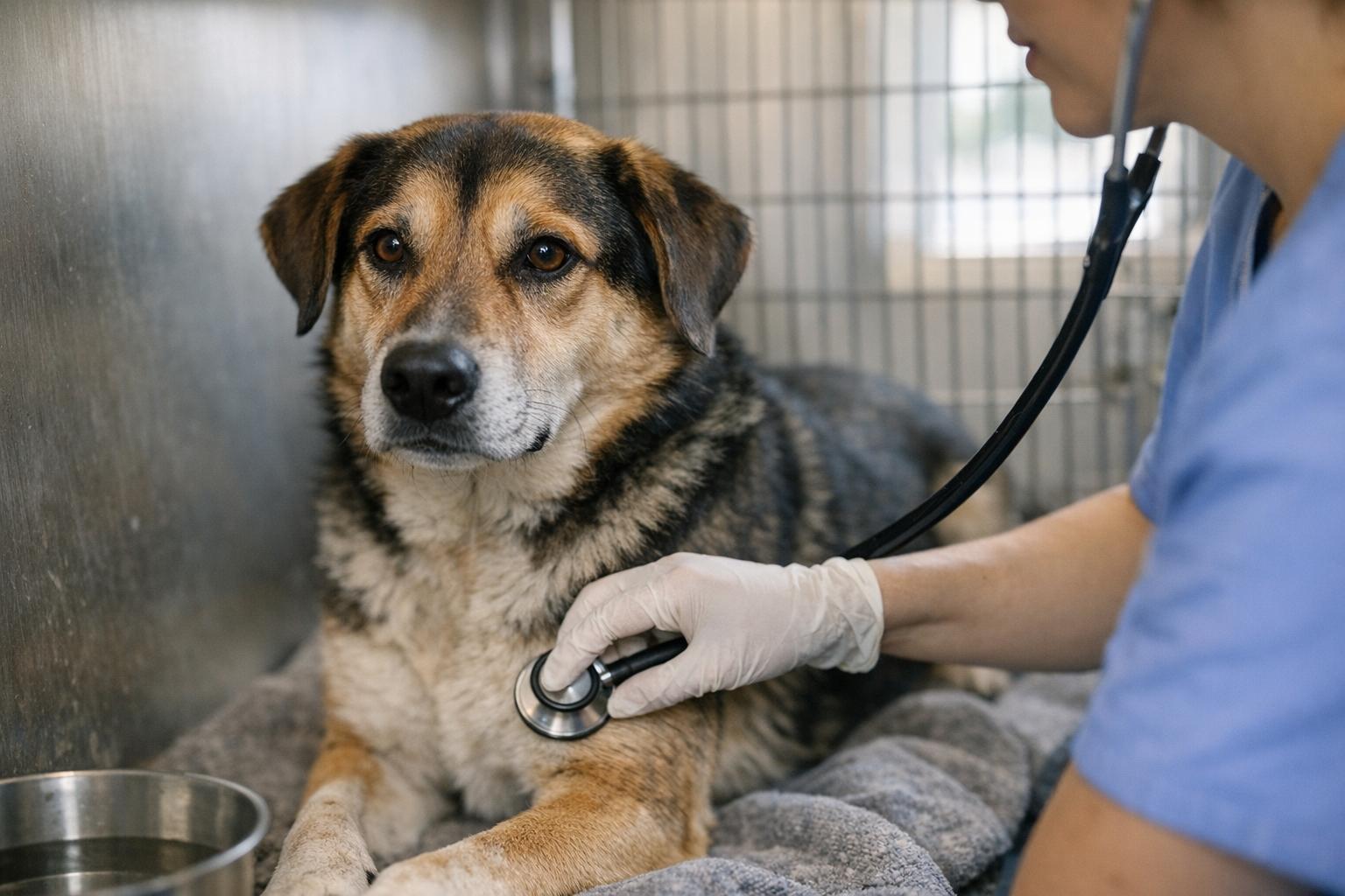 Mixed-breed dog in a shelter kennel being examined by a technician in natural light
